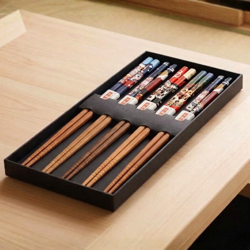 Five pairs of wood chopsticks with painted designs are displayed in a black presentation tray on a wooden table
