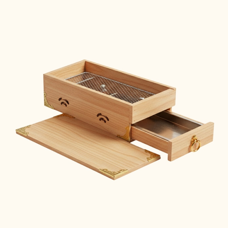 Handcrafted wood japanese bbq grill with removable lid, metal mesh grate and stainless steel charcoal drawer