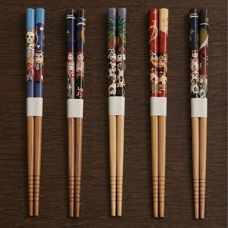 Five pairs of wood kawaii chopsticks with cat and character motifs stand upright against a dark wood background