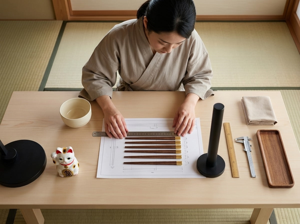 Overhead view of a woman in kimono checking traditional wooden chopsticks with gold tips against technical blueprints on a tatami worktable with maneki-neko figurine and precision tools