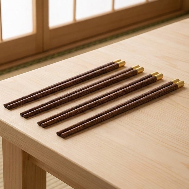 Three pairs of wooden chopsticks in dark walnut with gold brass caps laid flat on a light wood table near a shoji window and tatami floor