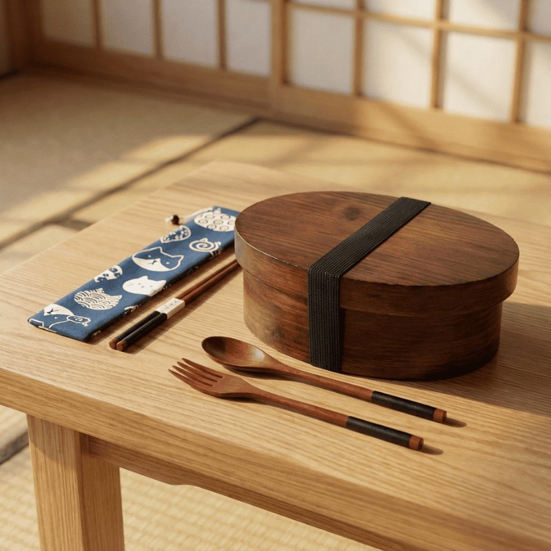 Rich walnut wooden japanese bento box with elastic band and complete wooden utensil set displayed on natural wood table in warm ambient lighting