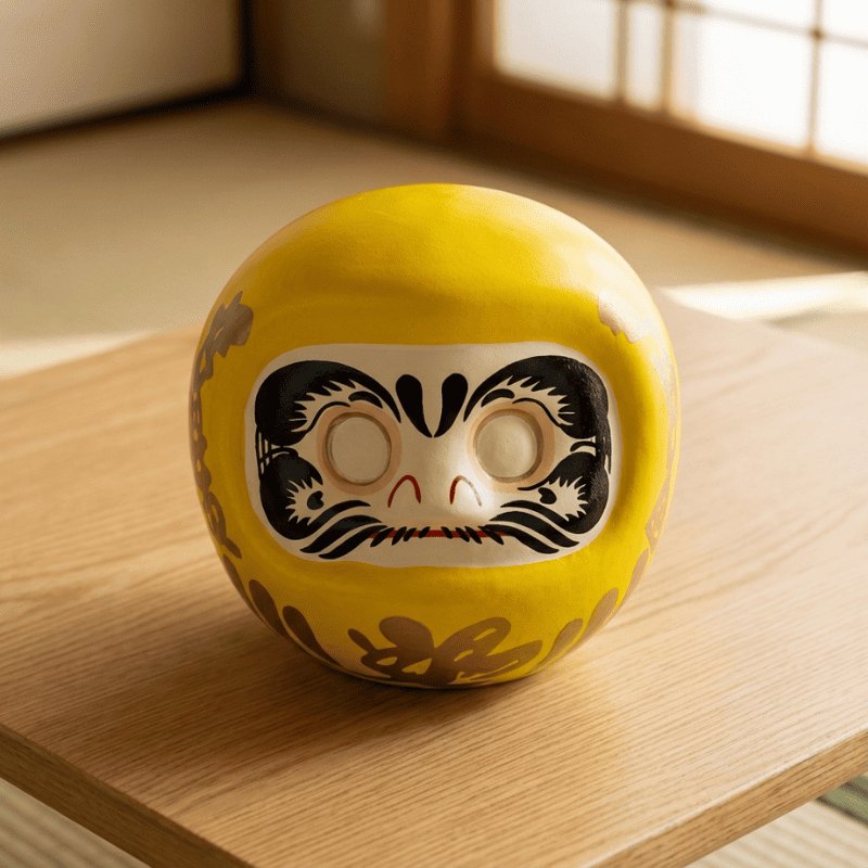 Traditional yellow daruma doll Japan with fierce expression resting on natural wood surface in minimalist Japanese interior setting