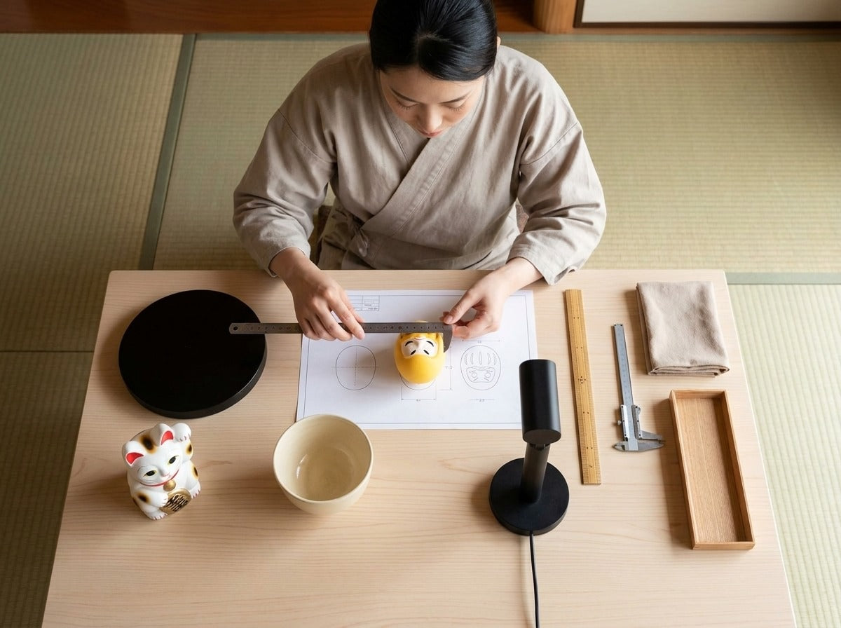Overhead craftsmanship shot of a very small yellow daruma doll being measured with a ruler on a scale blueprint, maneki neko figurine and lacquer bowl nearby