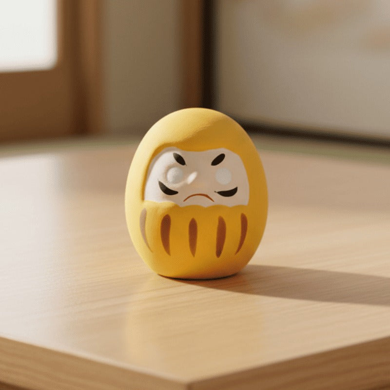 Cheerful yellow daruma with classic facial design sitting on wooden table in traditional Japanese interior with soft ambient lighting