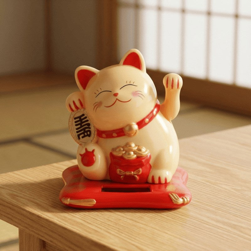 Cheerful yellow maneki neko cat with raised paw and red collar sitting on wooden table beside traditional shoji screen in warm natural light