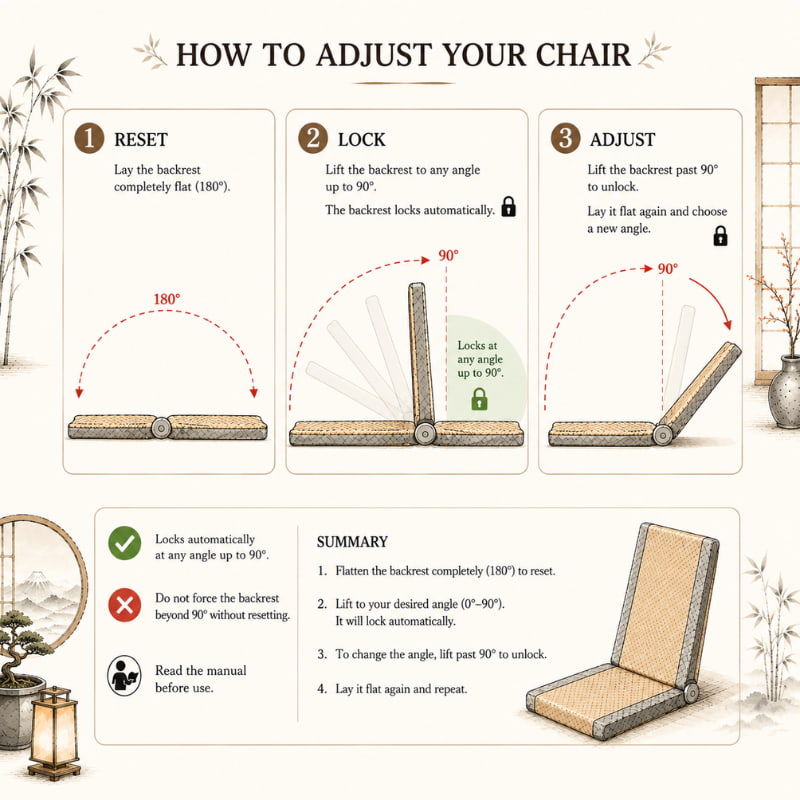 Zaisu chair instructions diagram showing how to reset, lock, and adjust the reclining backrest angle