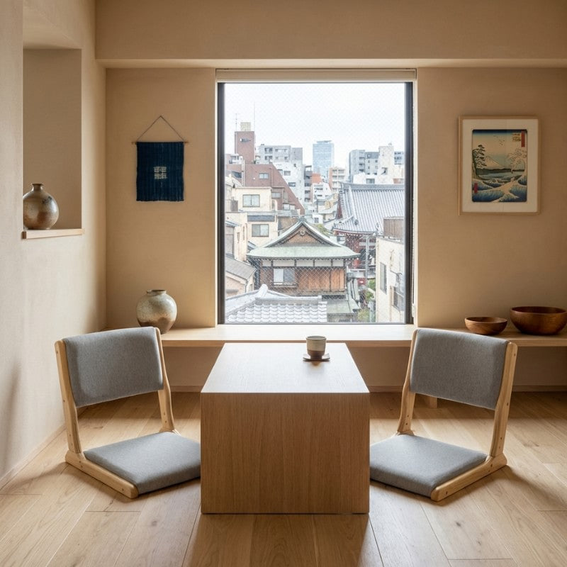 Zaisu chair tatami pair with gray cushions around cubic table near window with urban temple view and wave art print