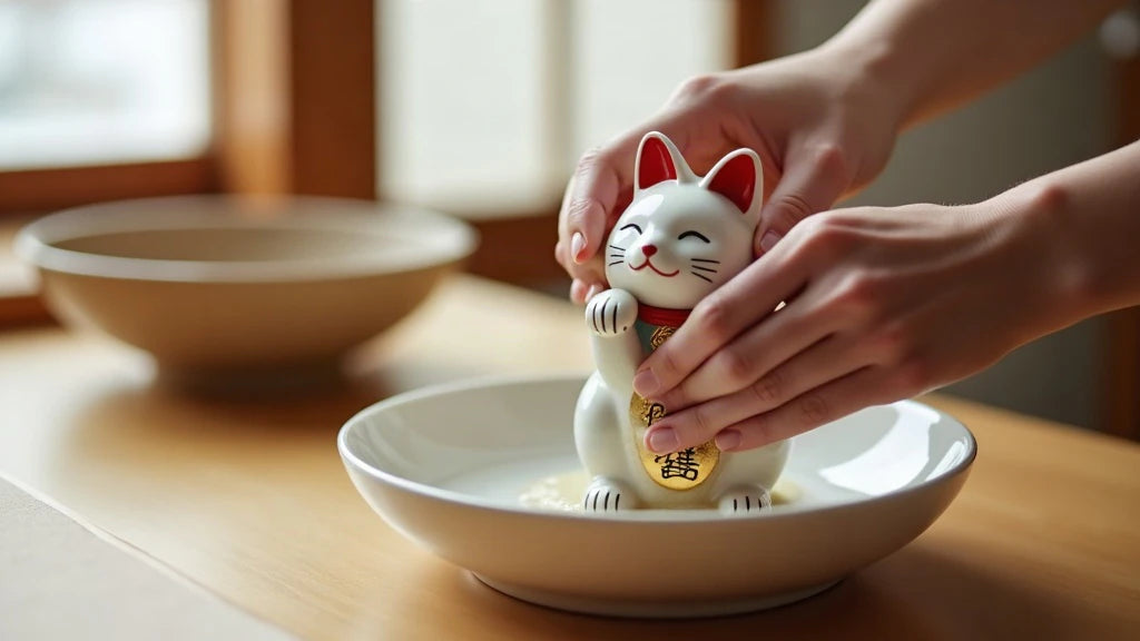 Hands gently cleaning a ceramic maneki neko figurine with a soft damp cloth.