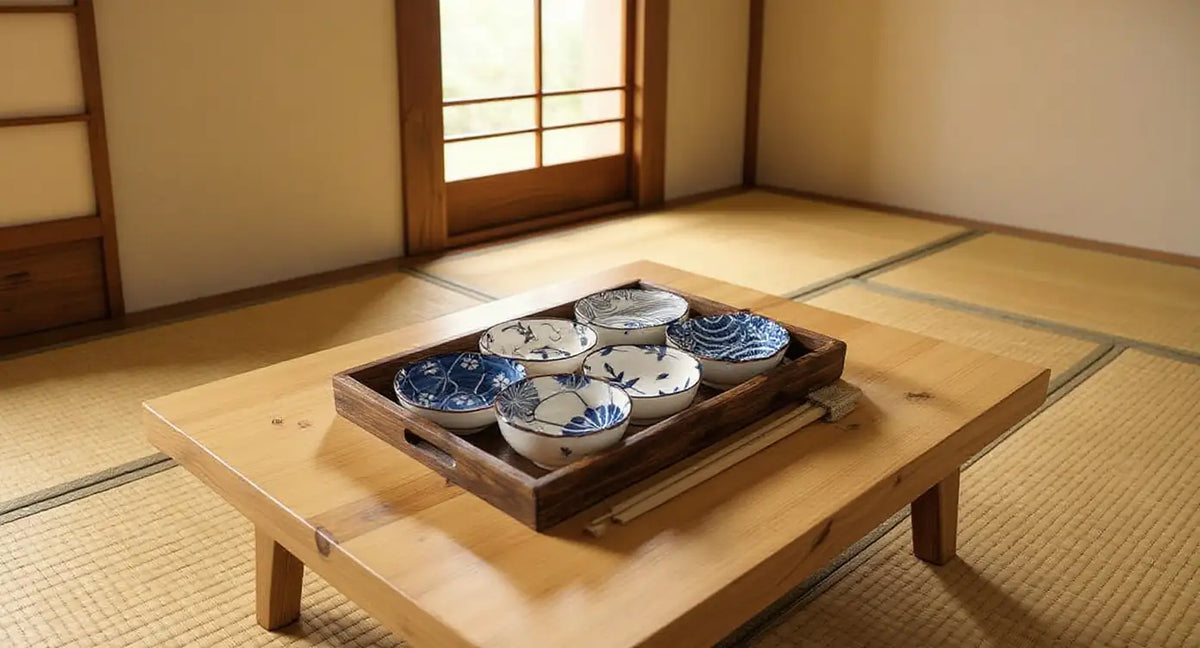 Kobachi bowl in a complete ichiju-sansai place setting on a low wooden table with soft morning light