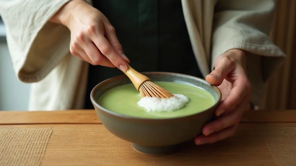 Hands whisking matcha foam in ceramic bowl with bamboo chasen whisk
