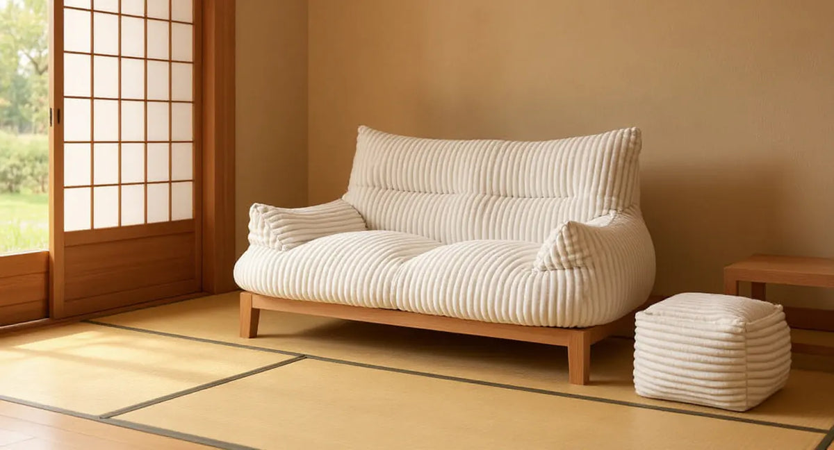 Low Japanese couch with natural linen upholstery in a minimalist Japandi living room with tatami mat
