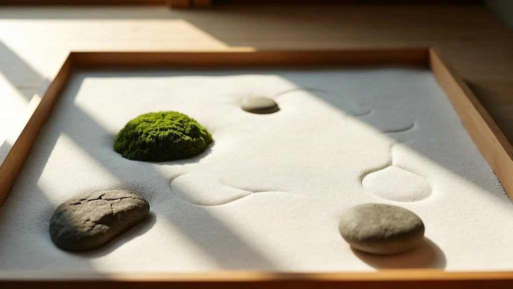 A miniature zen garden with raked sand, grey stones, and moss on a wooden table beneath shoji-filtered light