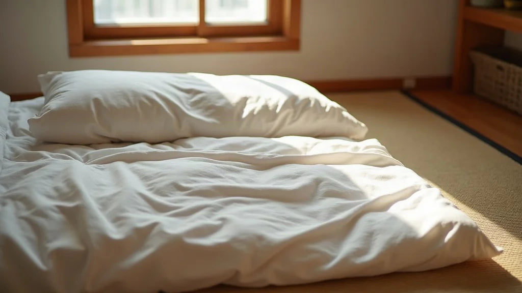 Hands positioning futon and tatami layers during transition from bed to floor sleeping