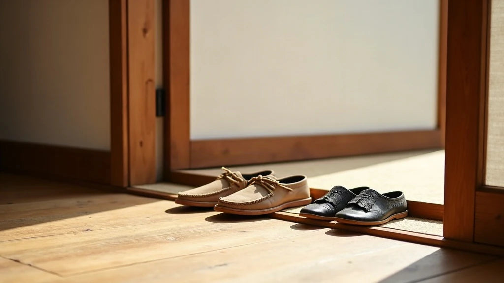 Japanese genkan with shoes stored on low wooden shelf, noren marking the threshold inside.