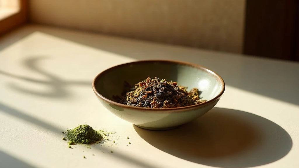 Roasted hojicha leaves beside green matcha, the visual contrast immediately apparent