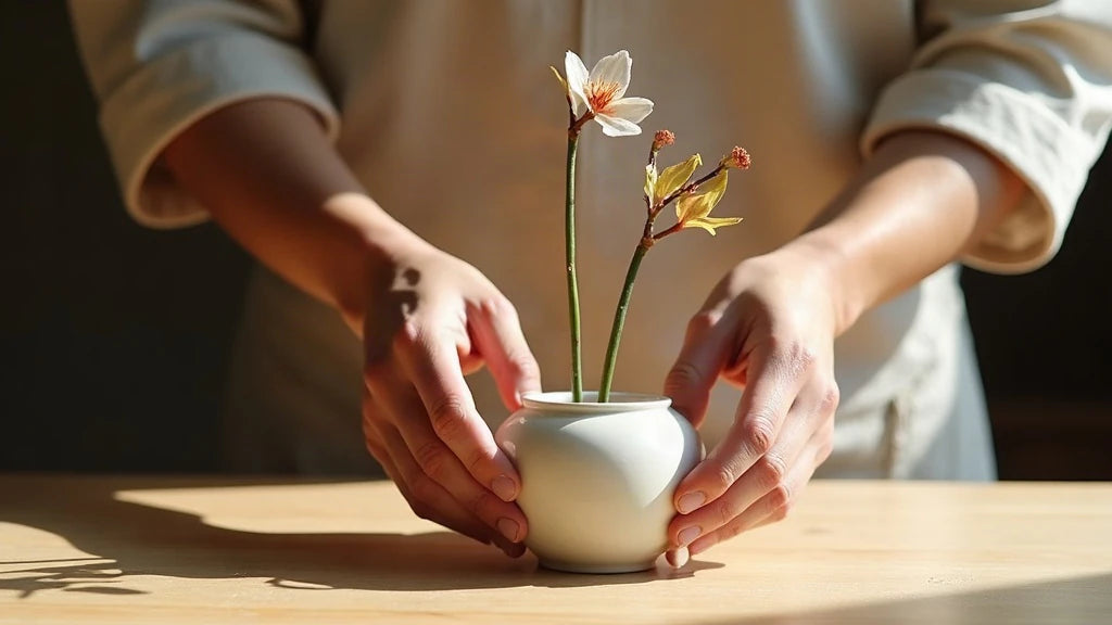 Hands arranging minimalist ikebana with asymmetrical stems and empty space