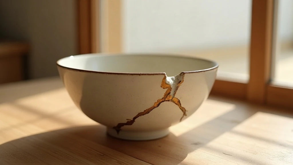 Ceramic bowl with visible gold-filled cracks, kintsugi tradition