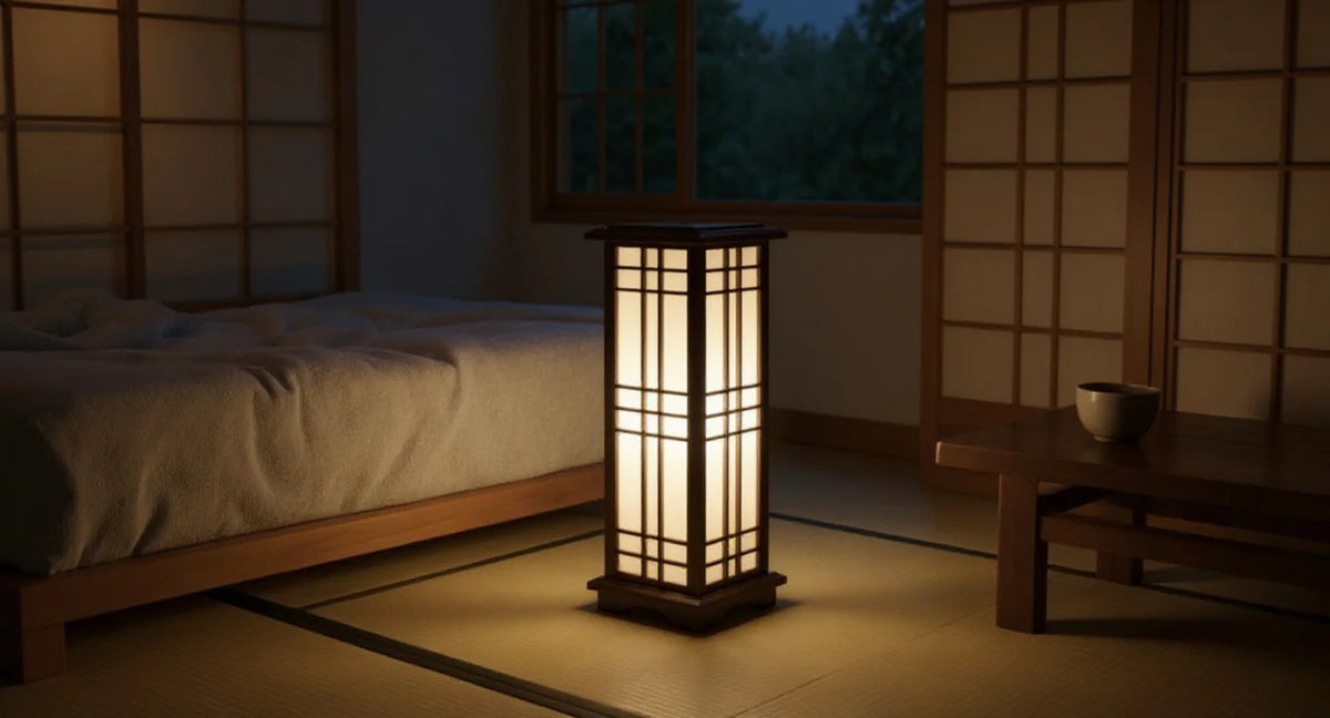 Japanese Shoji paper lamp glowing warmly on a low wooden table in a minimalist bedroom