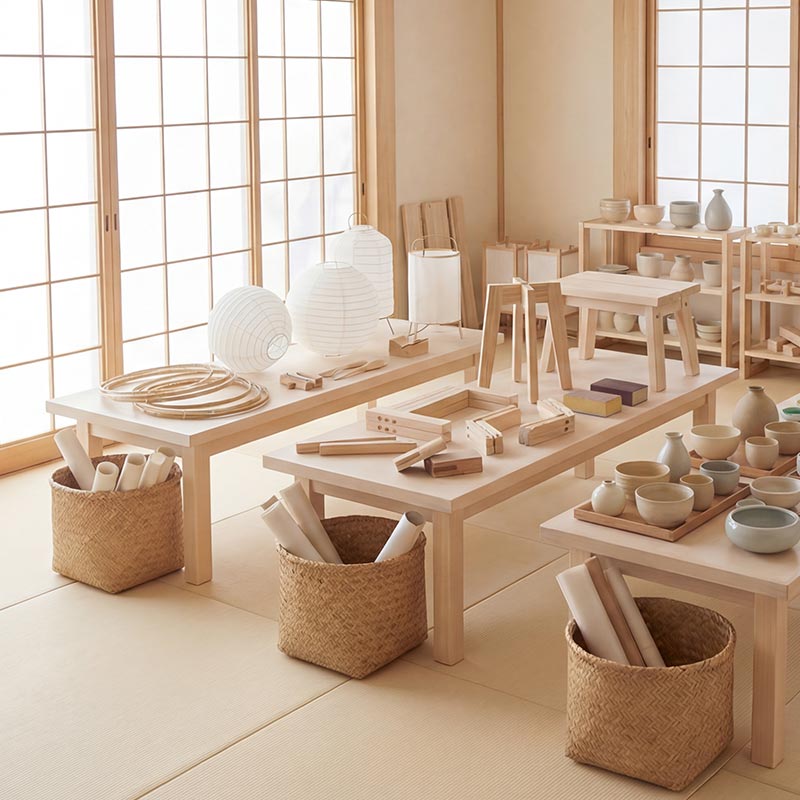 Wooden tables with ceramic items and baskets in a room with large windows.