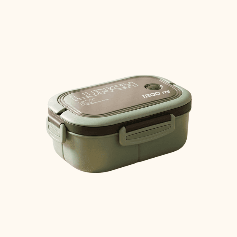 Minimalist olive green adult bento japanese box with 1200ml capacity and hermetic closure on white studio background