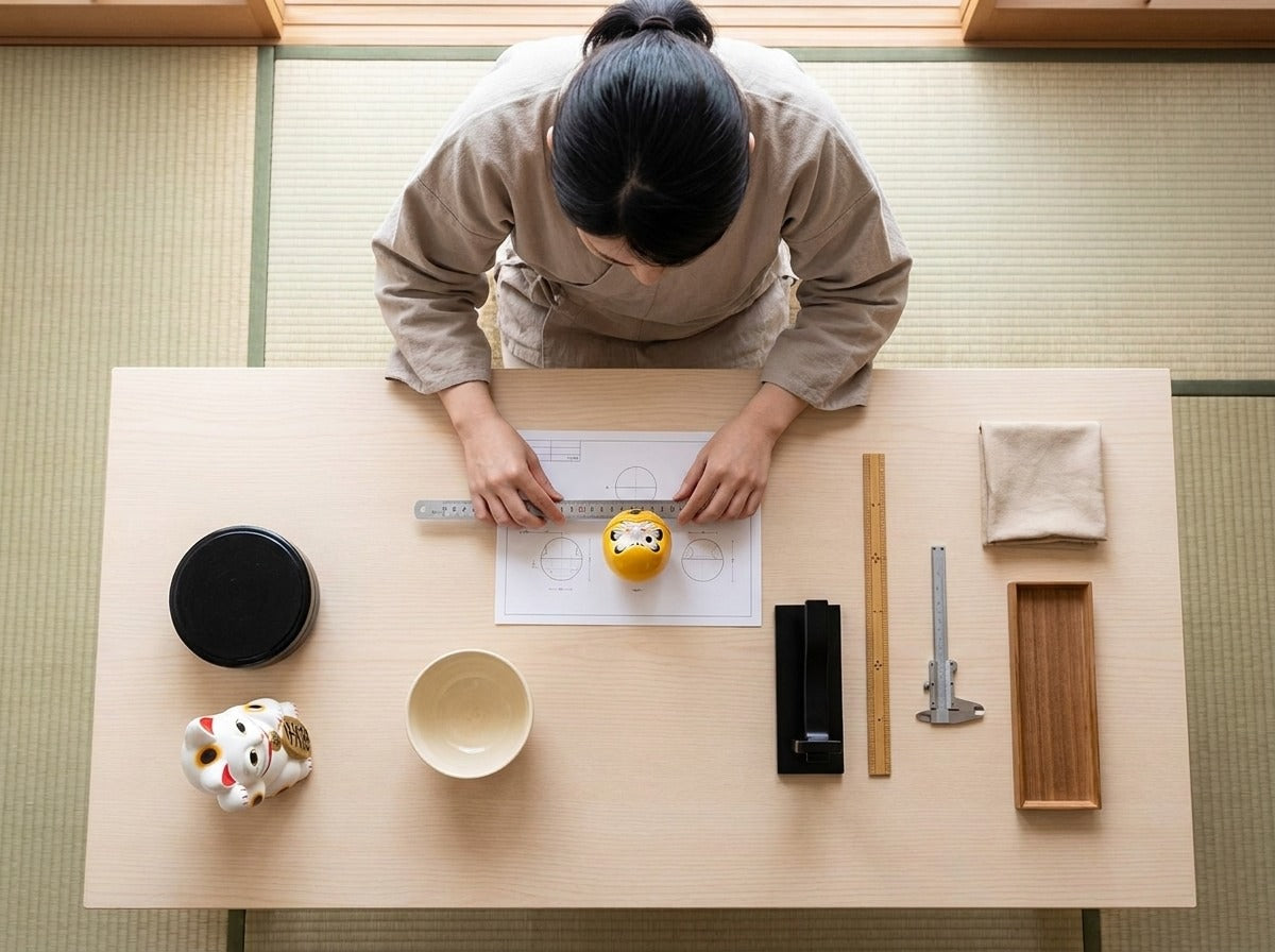 Overhead view of a woman in kimono measuring a small antique daruma doll in yellow with painted face against technical blueprints on a tatami worktable with maneki-neko figurine