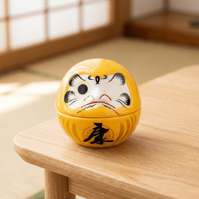 Golden yellow antique daruma with traditional facial design positioned on wooden table in bright Japanese interior catching warm sunlight