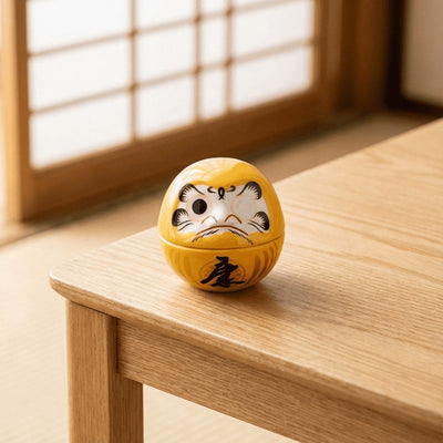 Antique japanese daruma in warm yellow tones with bold prosperity kanji displayed on wooden surface near shoji screen