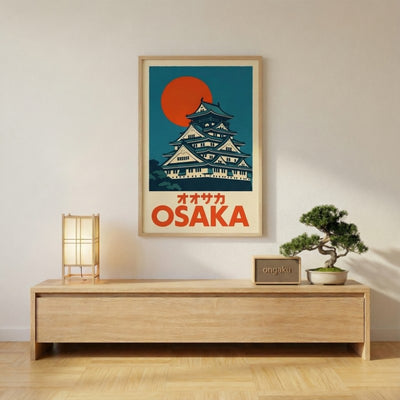 Classic art prints japanese poster with Osaka castle design displayed above wooden console with bamboo lamp bonsai tree and vintage radio