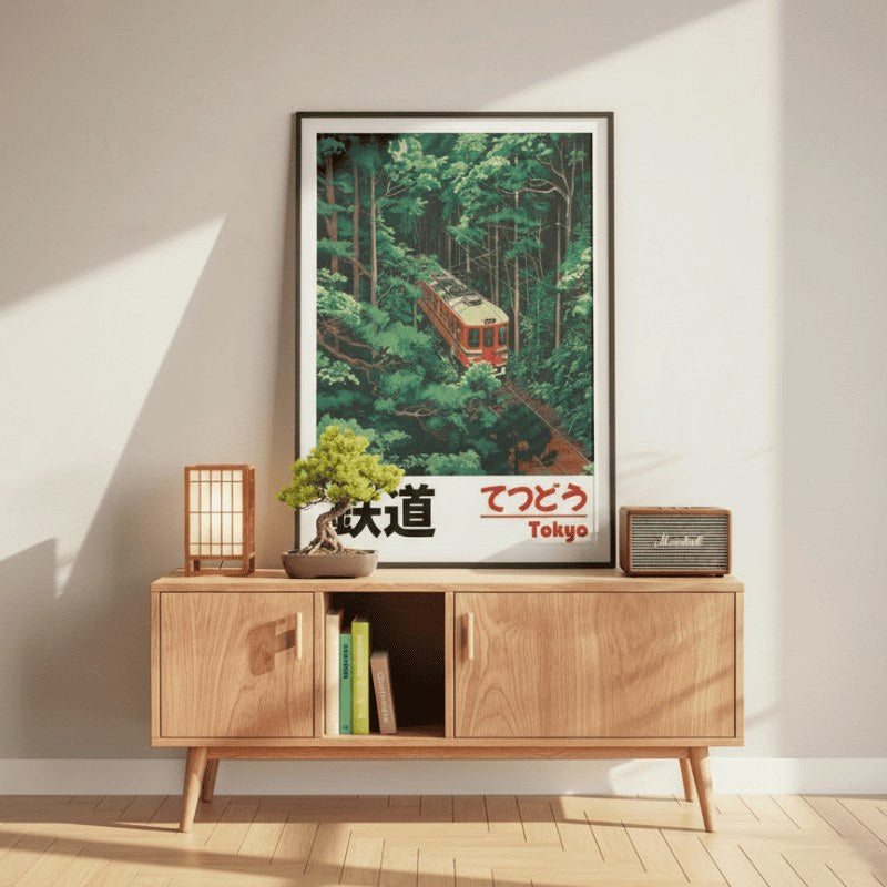 Framed artwork prints japanese with Tokyo railway poster displayed on midcentury wooden credenza with bonsai tree lantern and Marshall speaker