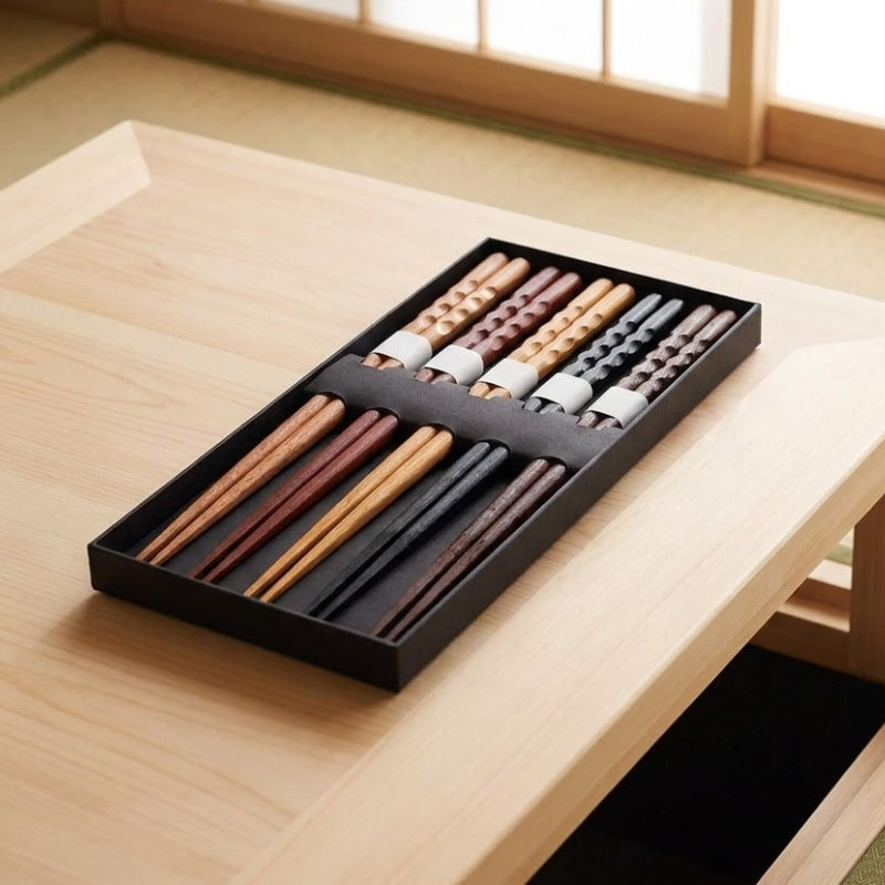 Gift box of bamboo chopsticks Japanese style in five wood tones displayed on a low wooden table near a shoji window with tatami floor