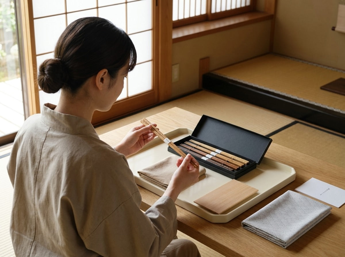 Woman in linen apron examining engraved bamboo chopsticks from a black gift box set in a bright Japanese tatami room near shoji screen window