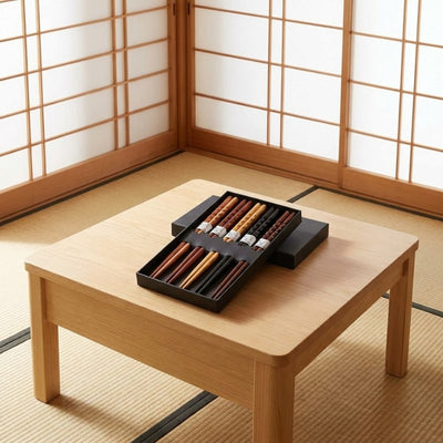 Black gift box of bamboo Japanese chopstick sets in assorted wood tones placed on a low wooden table surrounded by shoji screens and tatami flooring