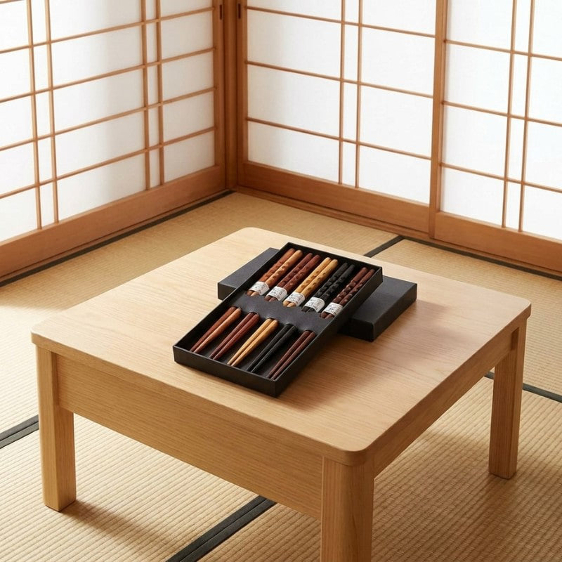 Black gift box of bamboo Japanese chopstick sets in assorted wood tones placed on a low wooden table surrounded by shoji screens and tatami flooring