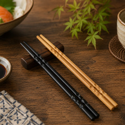 Two pairs of Japanese bamboo chopsticks in black and natural wood resting on a wooden holder, surrounded by a rice bowl with salmon, maple leaves and soy sauce on a dark wood table