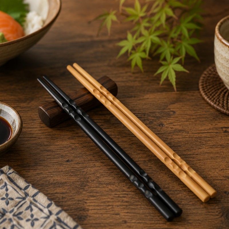 Two pairs of Japanese bamboo chopsticks in black and natural wood resting on a wooden holder, surrounded by a rice bowl with salmon, maple leaves and soy sauce on a dark wood table