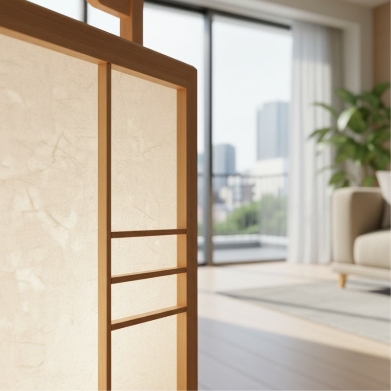 Detail view of bamboo lamp japanese featuring geometric paper panels and natural wood frame in modern minimalist interior with city views