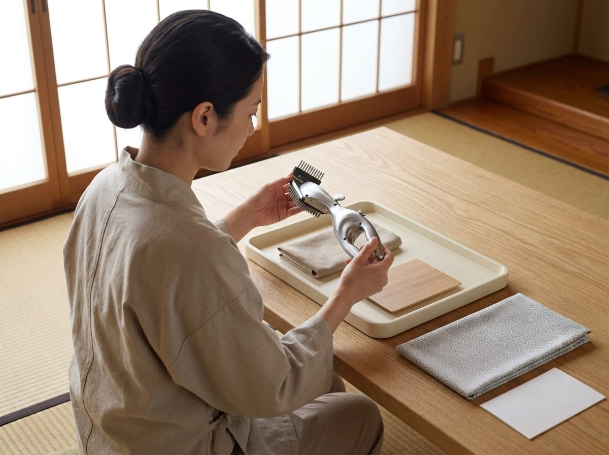Woman in linen apron carefully inspecting a stainless steel barbecue cleaning brush with ergonomic handle on a wooden tray in a Japanese tatami room
