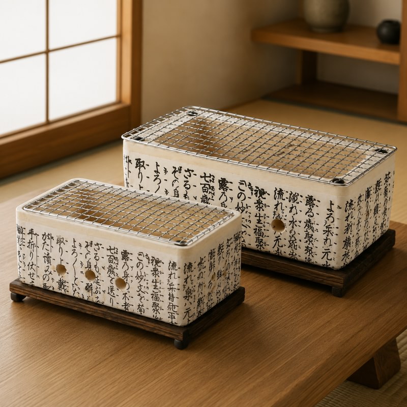 Bundle of two Japanese barbecue grills in small and large sizes with white ceramic kanji calligraphy bodies and steel mesh grills on dark wood stands on a wooden surface in a traditional tatami room