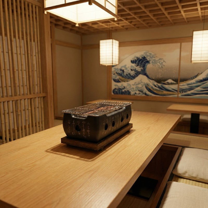 Barbecue Japanese grill with stainless steel grate on wooden stand in zen dining room featuring Great Wave artwork and rice paper lanterns