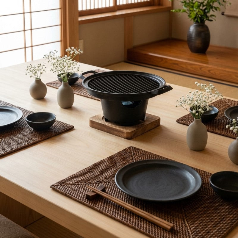 Barbecue Japanese style plate setup on dining table with ceramic grill, woven placemats and minimalist shoji screen decor
