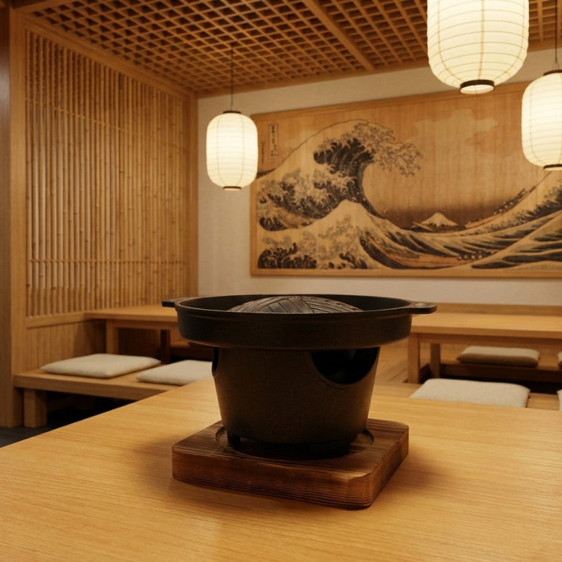 Barbecue Japanese style round ceramic cooker with ridged grill plate on wooden base in zen restaurant with Great Wave artwork
