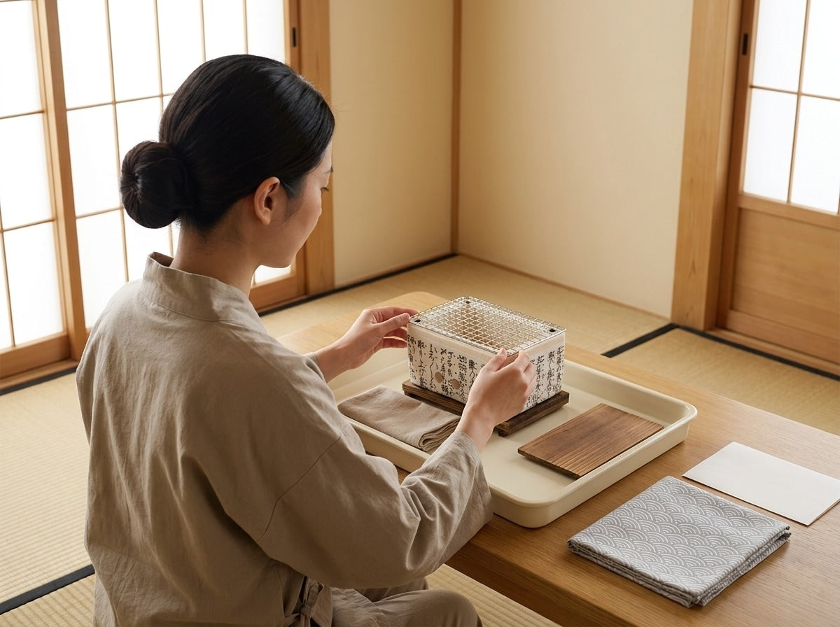 Woman in linen apron carefully inspecting a white Japanese barbecue with kanji script ceramic body and square metal grill on a wooden tray in a bright tatami room