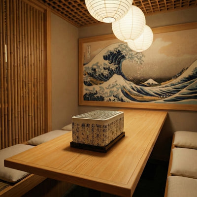 Barbecue Japanese white ceramic with traditional calligraphy inscriptions on wooden table in zen restaurant with Great Wave artwork