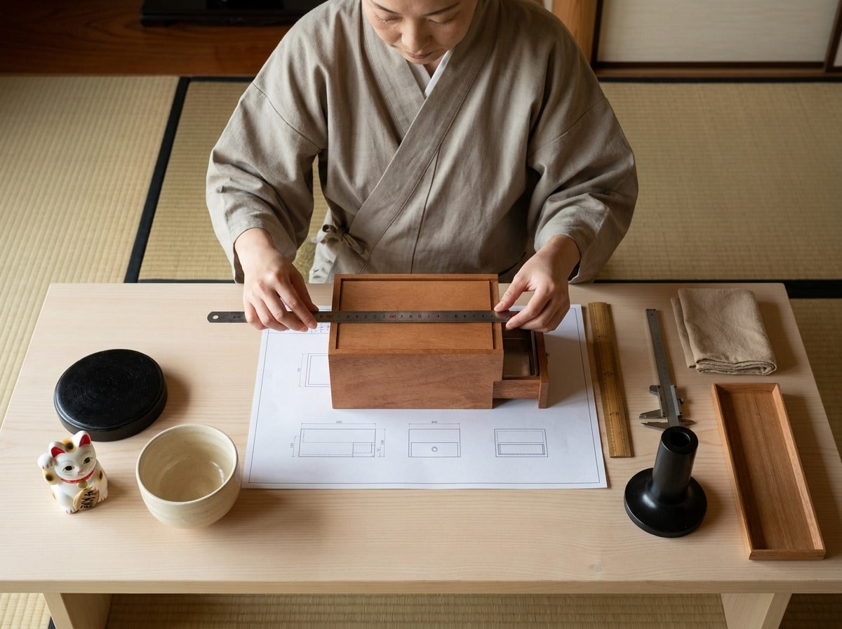 Overhead view of a woman in kimono measuring a wooden bbq grill Japanese against technical blueprints with ruler and caliper on a tatami room table