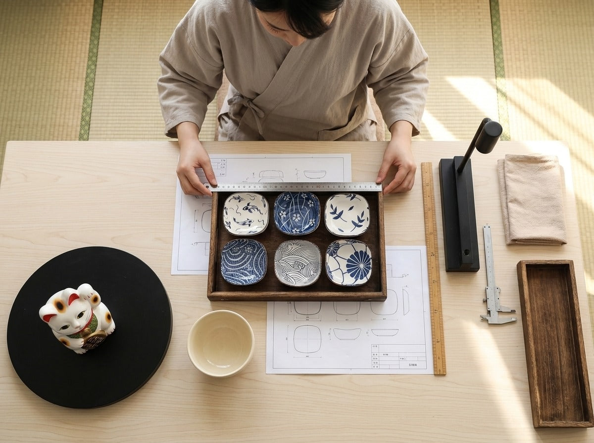 Overhead view of a woman in kimono measuring a set of six bbq kobachi bowls with blue and white Japanese patterns arranged in a wooden tray against technical blueprints