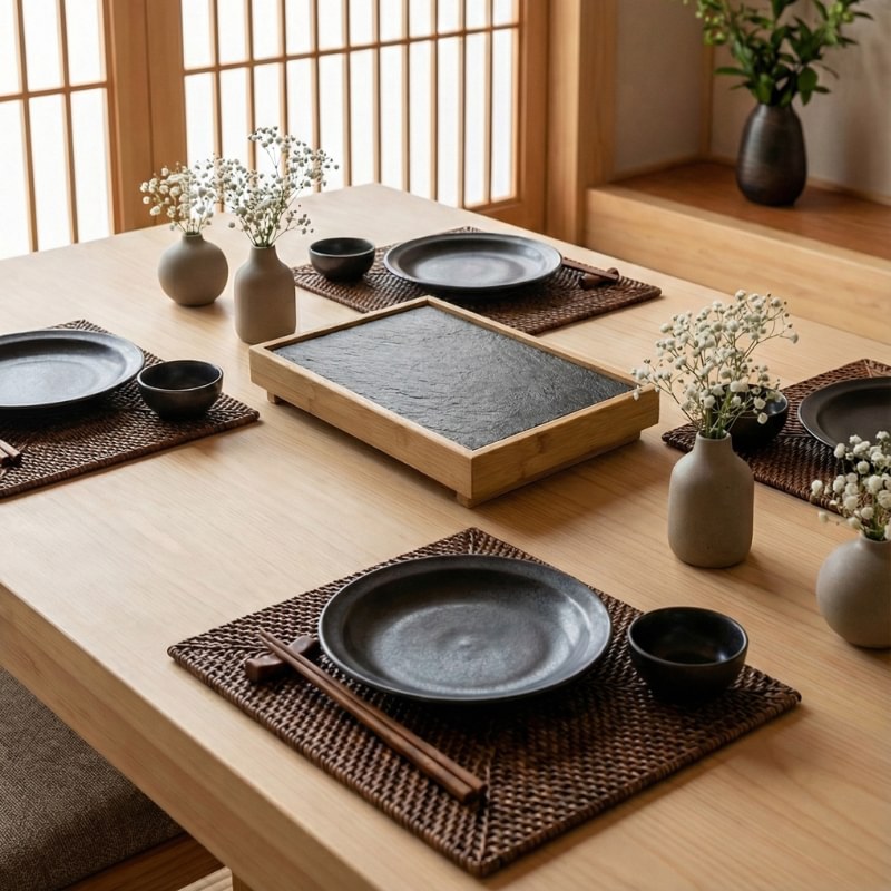 BBQ plate japanese black slate stone in bamboo tray centerpiece on dining table with matte plates chopsticks and ceramic vases