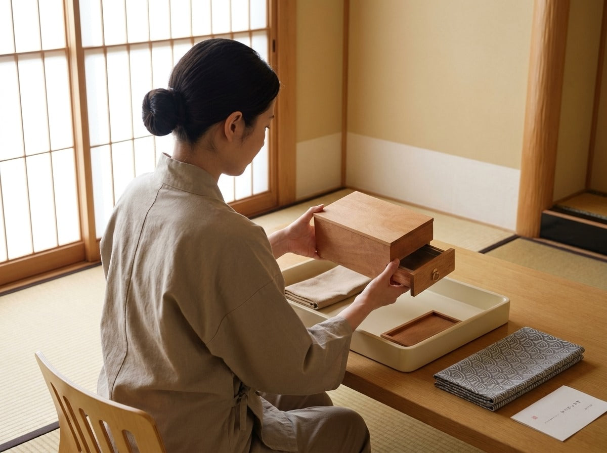 Woman in linen apron examining a traditional japanese wood bbq grill with small drawer on a tatami room table near shoji screen window