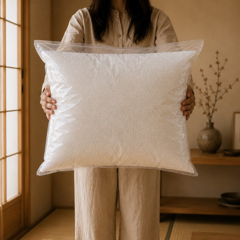 Woman in beige linen outfit holding large transparent bag of white EPS bean bag filler beads in minimalist Japanese interior with shoji screen