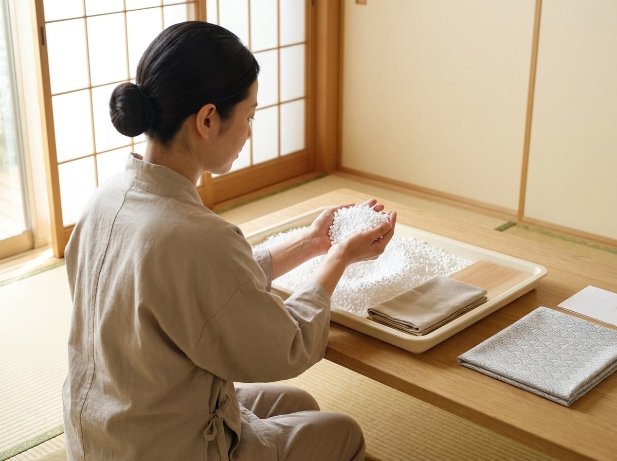 Artisan holding a handful of white foam bean bag filling beads above a tray filled with the same material, folded cloths nearby, sunlit tatami room by a shoji screen